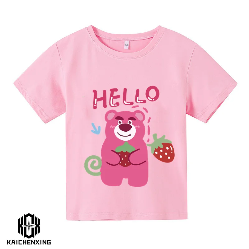 

Новинка 2023, модная детская футболка с забавным мультяшным медведем и клубничным принтом, хлопковая стильная футболка для мальчиков и девочек, повседневный спортивный топ