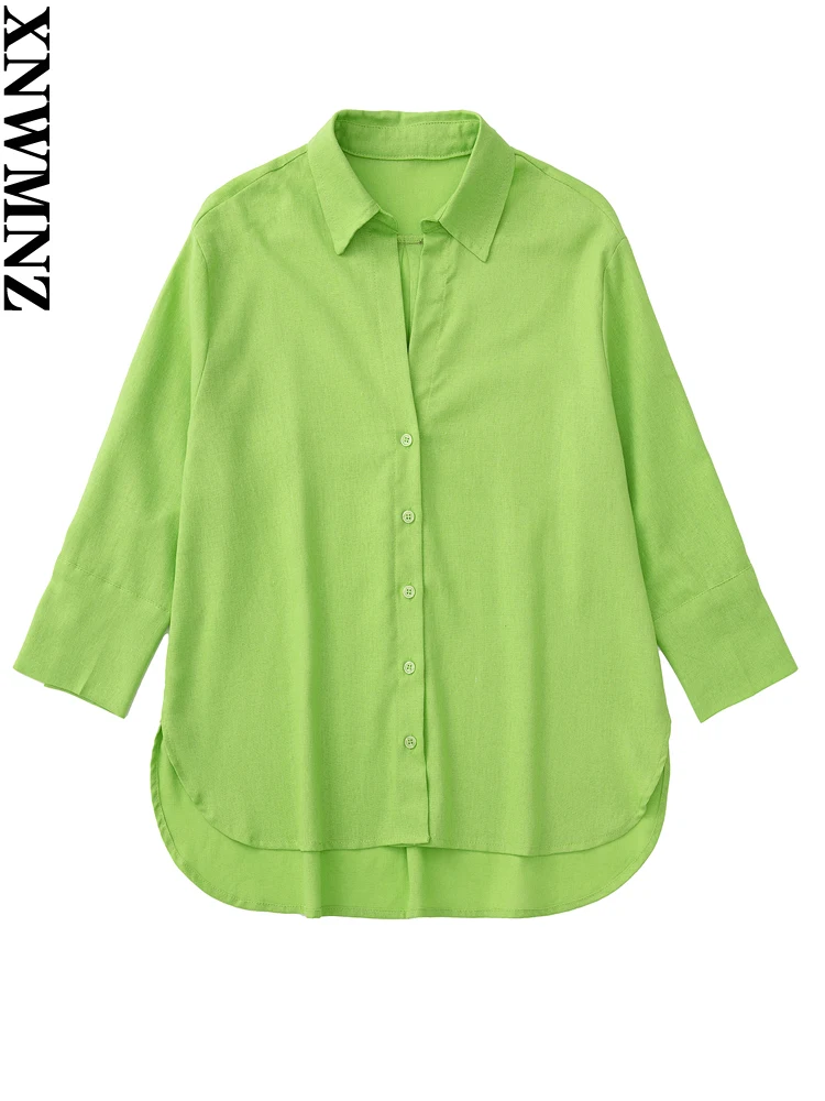 

XNWMNZ 2022 New Women Single Breasted linen shirt Office Lady Long Sleeve Blouse Chic Chemise Tops