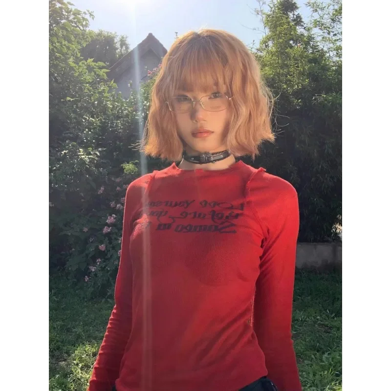 Новая американская Ретро футболка с длинным рукавом базовый красный женский