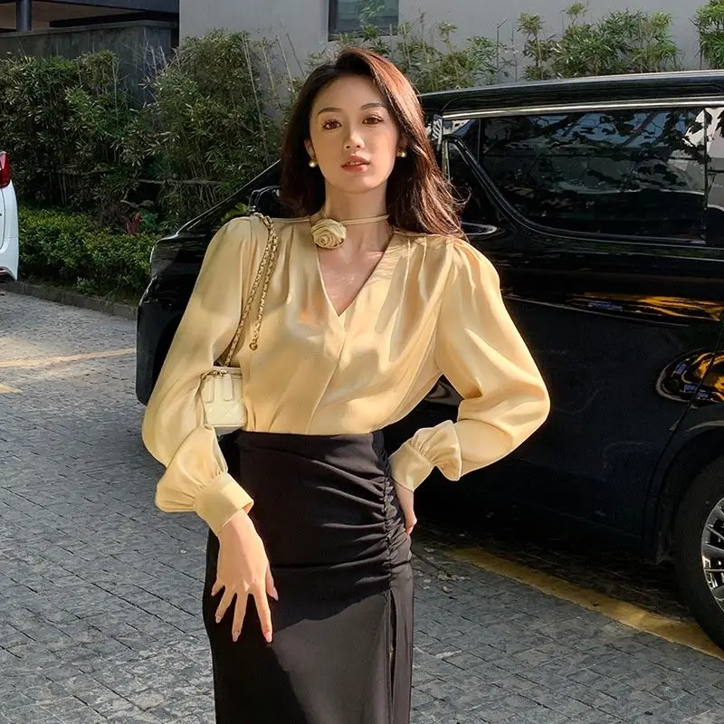 Блузка женская с V-образным вырезом модная однотонная тонкая Освежающая рубашка