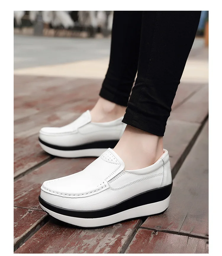 Spring Women's leather shoes Platform Shoes Casual Shoes Breathable Wedge Sneakers white Black Trainers Knitting Shoes Large siz