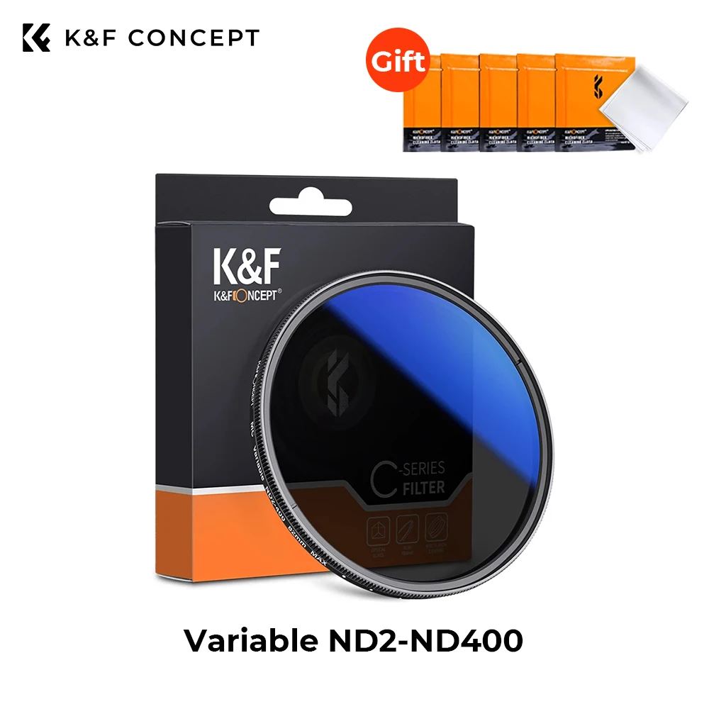 

K&F Concept ND2-ND400 Variable Filter 18 Layers Coating Neutral Density with 5 PCS Cleaning Cloth 46/49/52/55/62/ 67/72/77/82mm