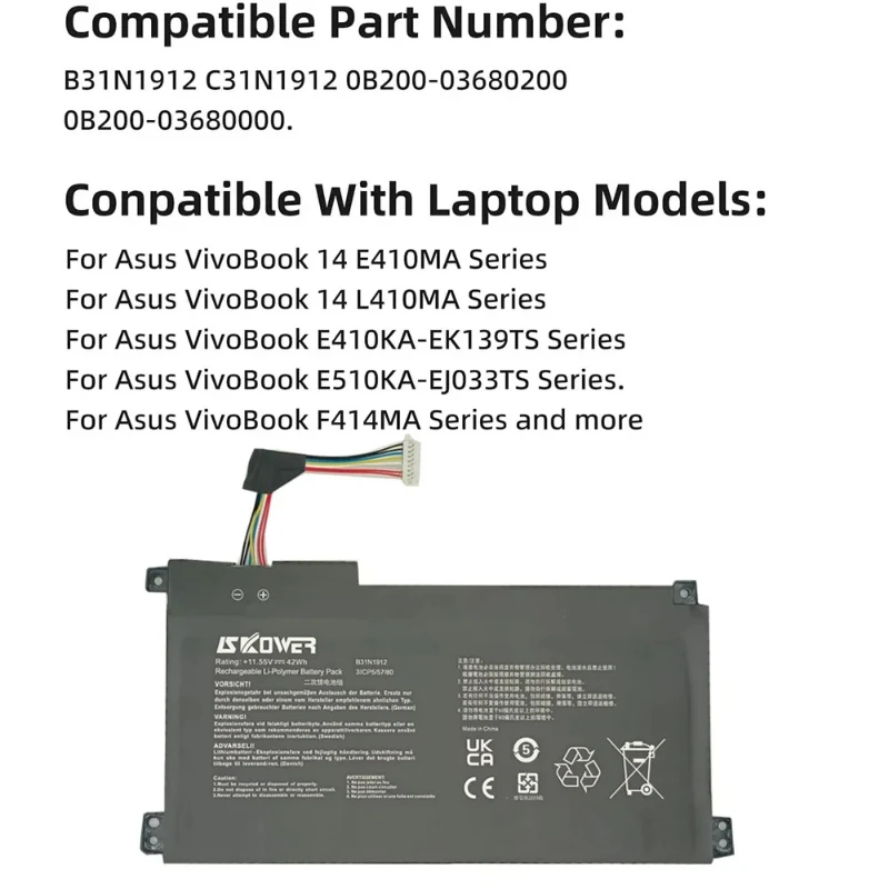Фото 100% новый аккумулятор для ноутбука B31N1912 для Asus VivoBook 14 E410MA-EK018TS EK018TS E510KA L410MA R522MA E510MA F414MA L510MA C31N1912 №1