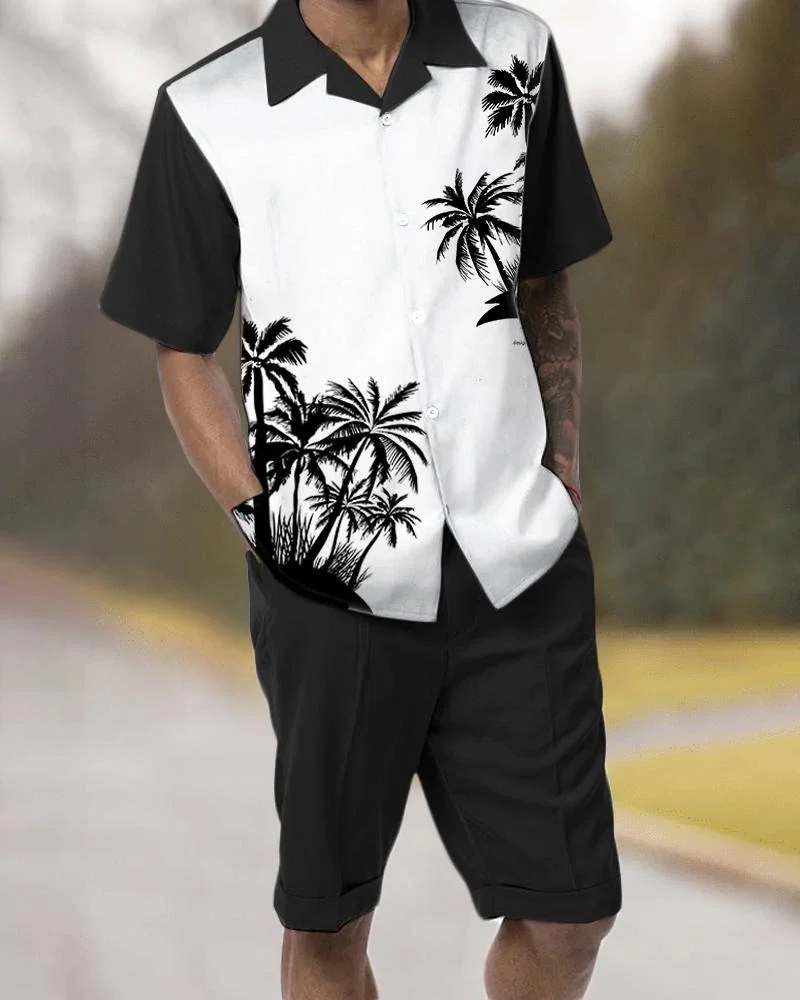 

Мужской костюм в стиле пэчворк 2022, Повседневная рубашка с отложным воротником и короткими рукавами, пляжные шорты, летняя уличная одежда, га...