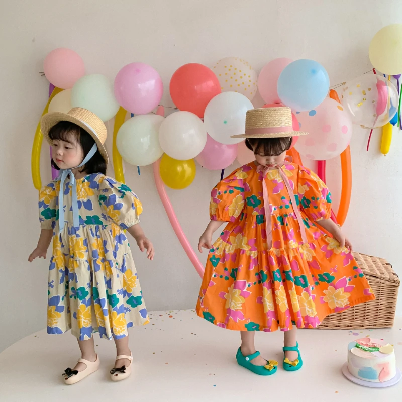 

Children's clothing summer new big flower girl baby dress cotton girls cotton puff sleeves large skirt skirt