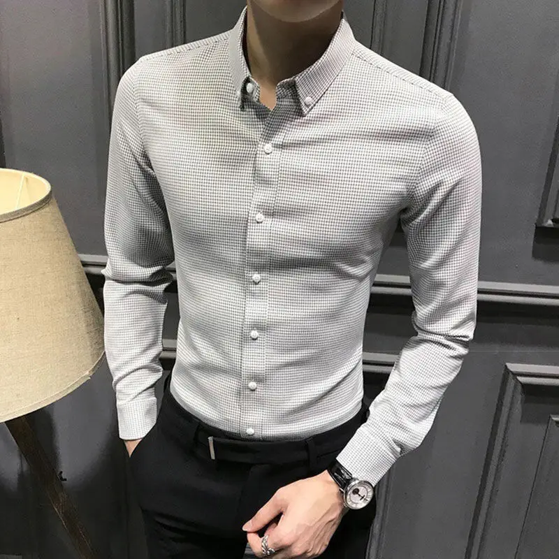 English Plaid Shirt Men's Korean Business Long Sleeve Slim Shirt Fashion Casual Men's Top