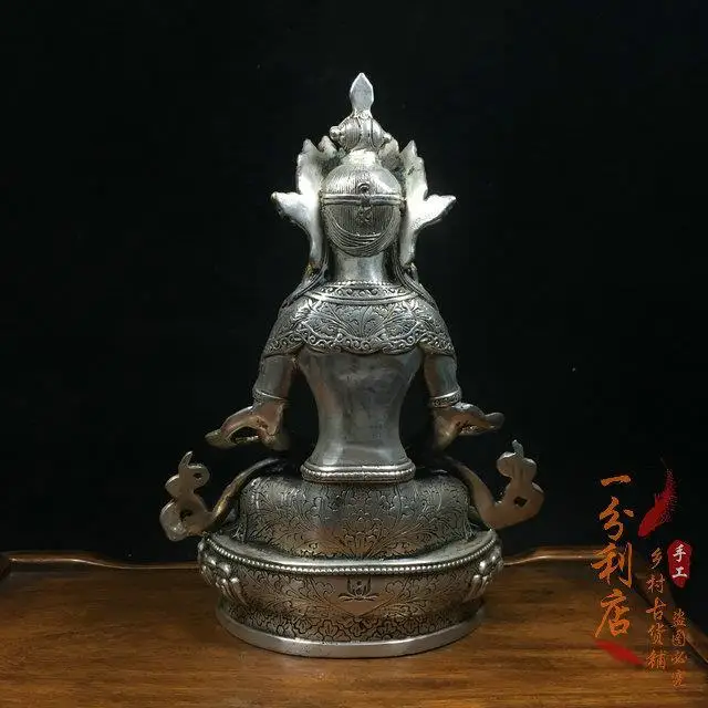 Тибетская Тантра старая серебряная позолоченная статуя Будды Непал долголетие