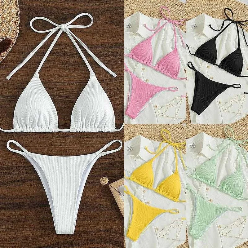 

Womens Sexy Solid Color Beach Bikini High Waist Lace Up
