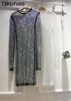2022 summer colorful shiny rhinestone long sleeved dress women mesh sequined hollow out see through party nightclub midi dress