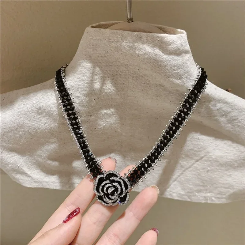 Ожерелье феи с черным кристаллом и цирконием жемчугом камелией для женщин кулон