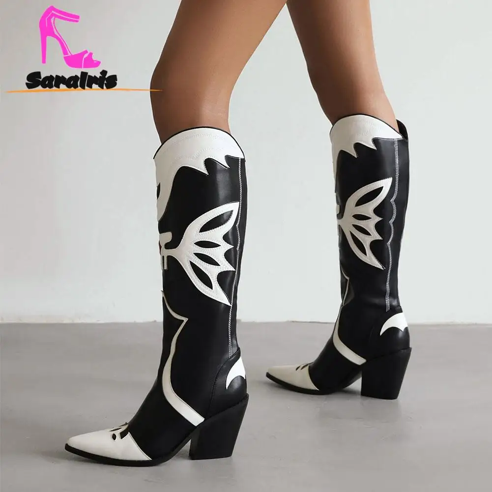 Retro Style Vintage Western Women Boots 2023 Winter Autumn Pointed Toe Patchwork Knee-high Boots Dress Long Boots Comfy Walking