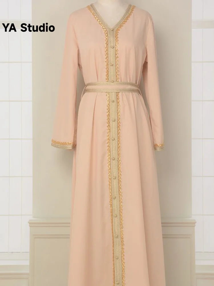 

[YA Studio] MT089abaya Muslim Robe Women's Gold Beaded Lace Simple Fashion Dress