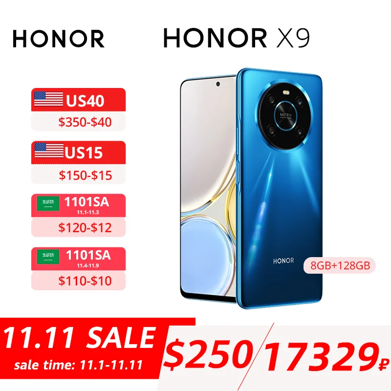 

Global Version HONOR X9 Android 11 Smartphone 6.81" Display 66W Super Fast Charge Cell Phone 8GB 128GB 64MP Quad Camera Mobile