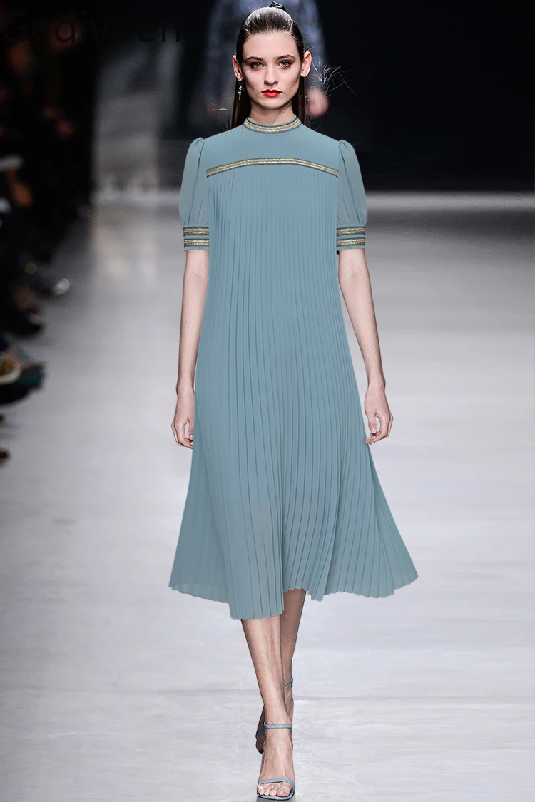 Gedivoen Fashion Designer dress Summer Women's Dress Stand Collar Short Sleeve Loose Solid Casual Pleated Dresses