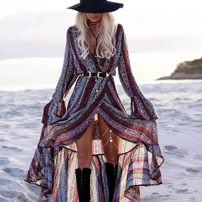

cottagecore Dress Casual Floral Printed Sexy Split Long Sleeve Tunic Wrap Summer Dresse boho Hippie Chic Vestidos 2021 beachwear
