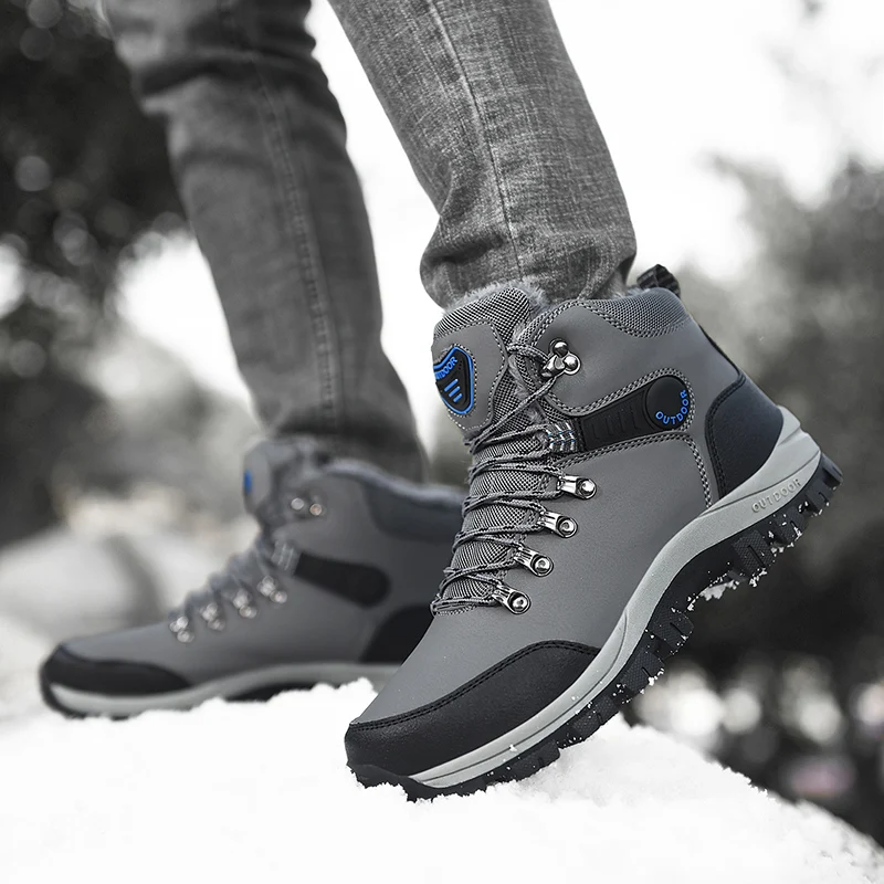 2022 Winter Men Boots Waterproof Leather Sneakers Warm Snow Boots Outdoor Hiking Boots Men Work Shoes Non-slip Trekking Boots
