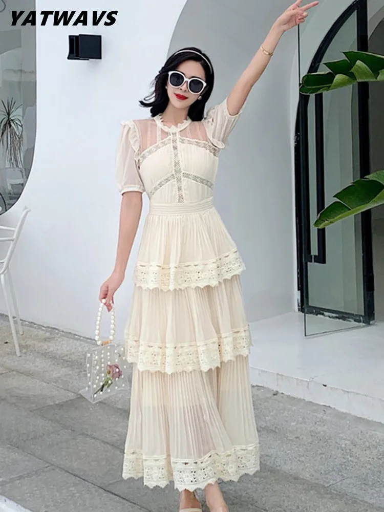 

Self Portra Summer Lace Splicing Pleated Dress Woman Designer Short Sleeve Party Cascading Ruffle Maxi Dresses Clothing Vestidos
