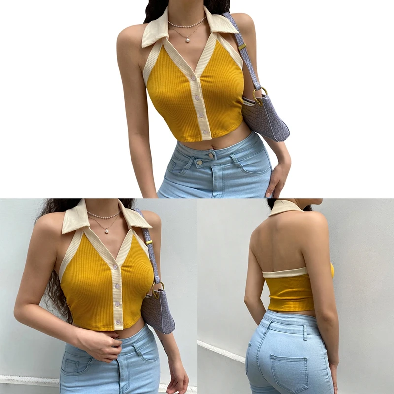 

Women's Short-Breasted Lapel Halterneck Vest Halter Bottoming Knit Top Yellow