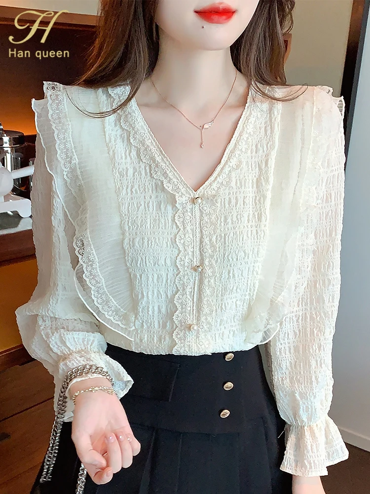 

H Han Queen New Lace Splicing Shirt Women Blouses Vintage Work Casual Tops Chiffon Blouse Flare Sleeve Loose Woman V-Neck Blusas