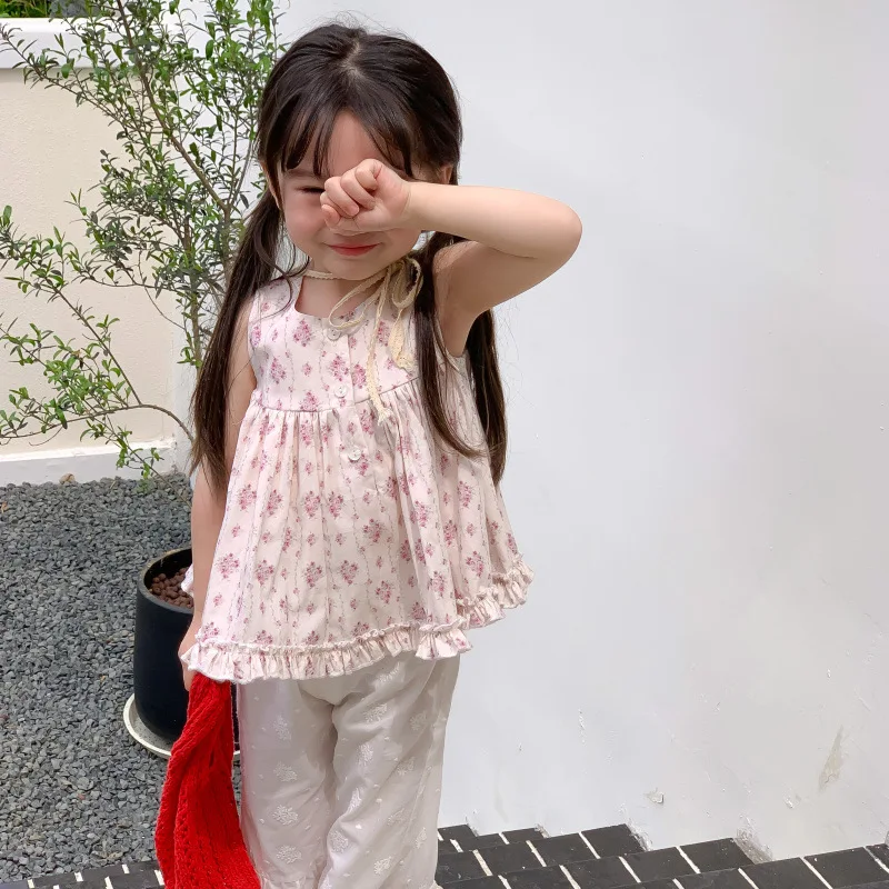 

Летняя винтажная блузка с цветочным рисунком и жаккардовые брюки с отделкой из дерева для девочек комплект из двух предметов, одежда для маленьких девочек