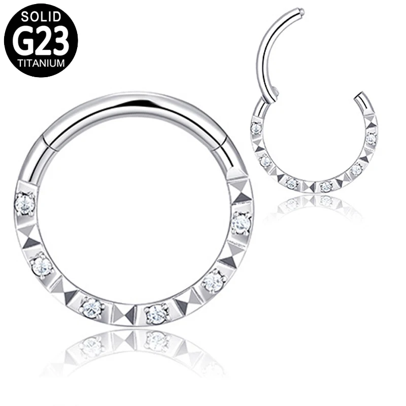 

G23 Titanium Septum Clicker Hoop Ring CZ Pyramid Cuts Front Labret Ear Tragus Cartilage Daith Helix Earring Nose Stud Piercing