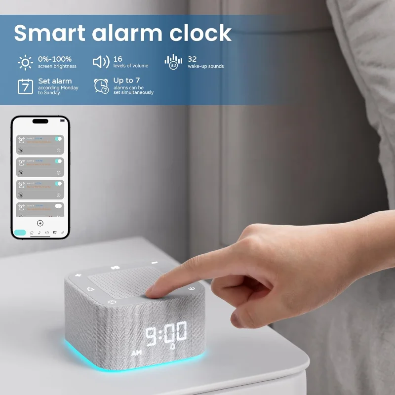 Фото НОВЫЙ будильник, звуковая машина с белым шумом, Bluetooth-динамик, красочные ночные огни 32, успокаивающие звуки, ночник, Рождественский подарок №3