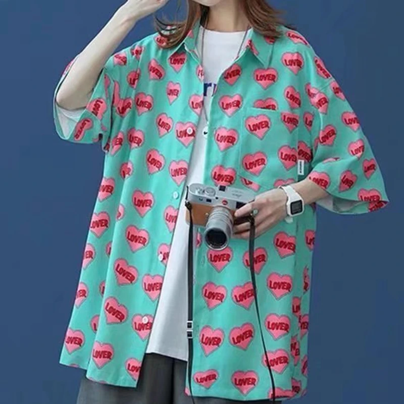 

Women Shirt Summe Print Loving Heart Shirt Short Sleeve Shirt Casual Loose Women Korean Fashion Clothing Trends Blous