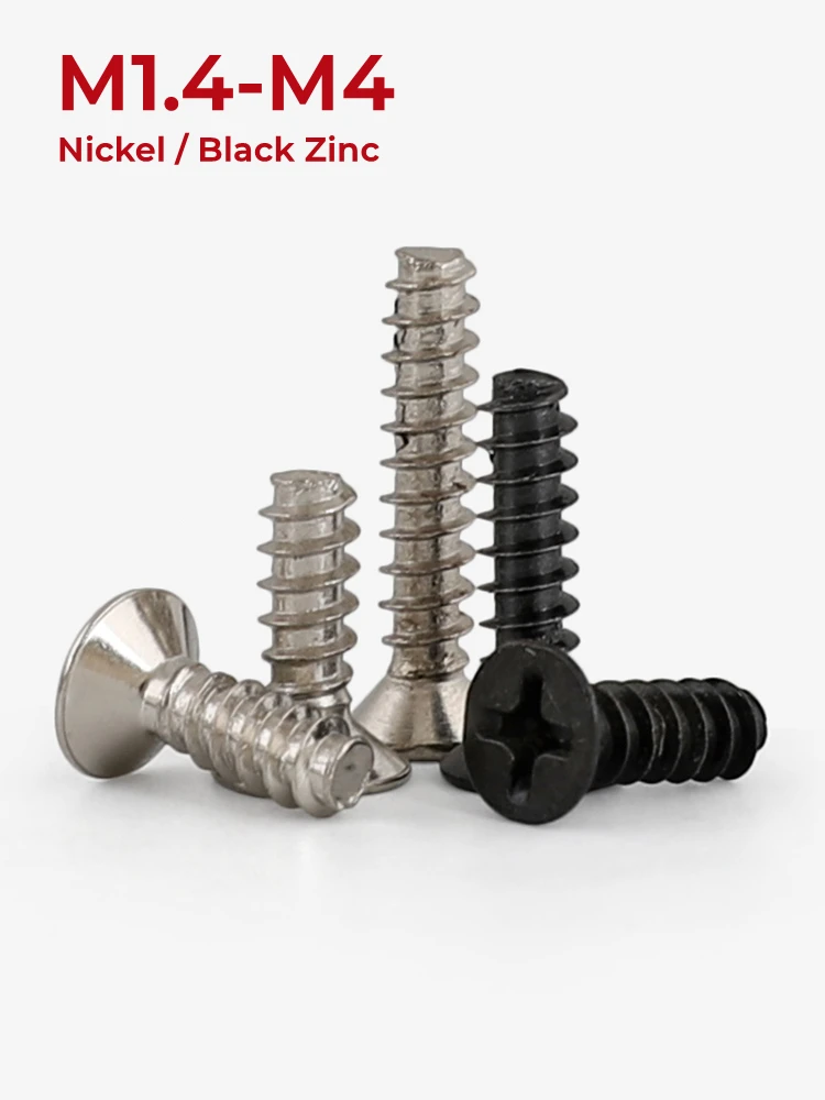 

M1.4 M1.7 M2 M2.3-M4 Nickel/Black Zinc Plated Crossed Phillips Flat Countersunk Head Self-tapping Screws Flat-tailed Mini Screws