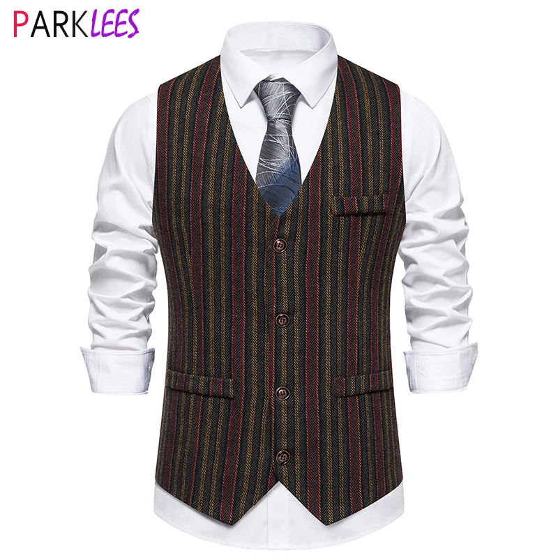 

Colorful Striped Herringbone Tweed Dress Vest Men Slim Fit V Neck Sleeveless Waistcoat Mens Foraml Business Wedding Suit Vests