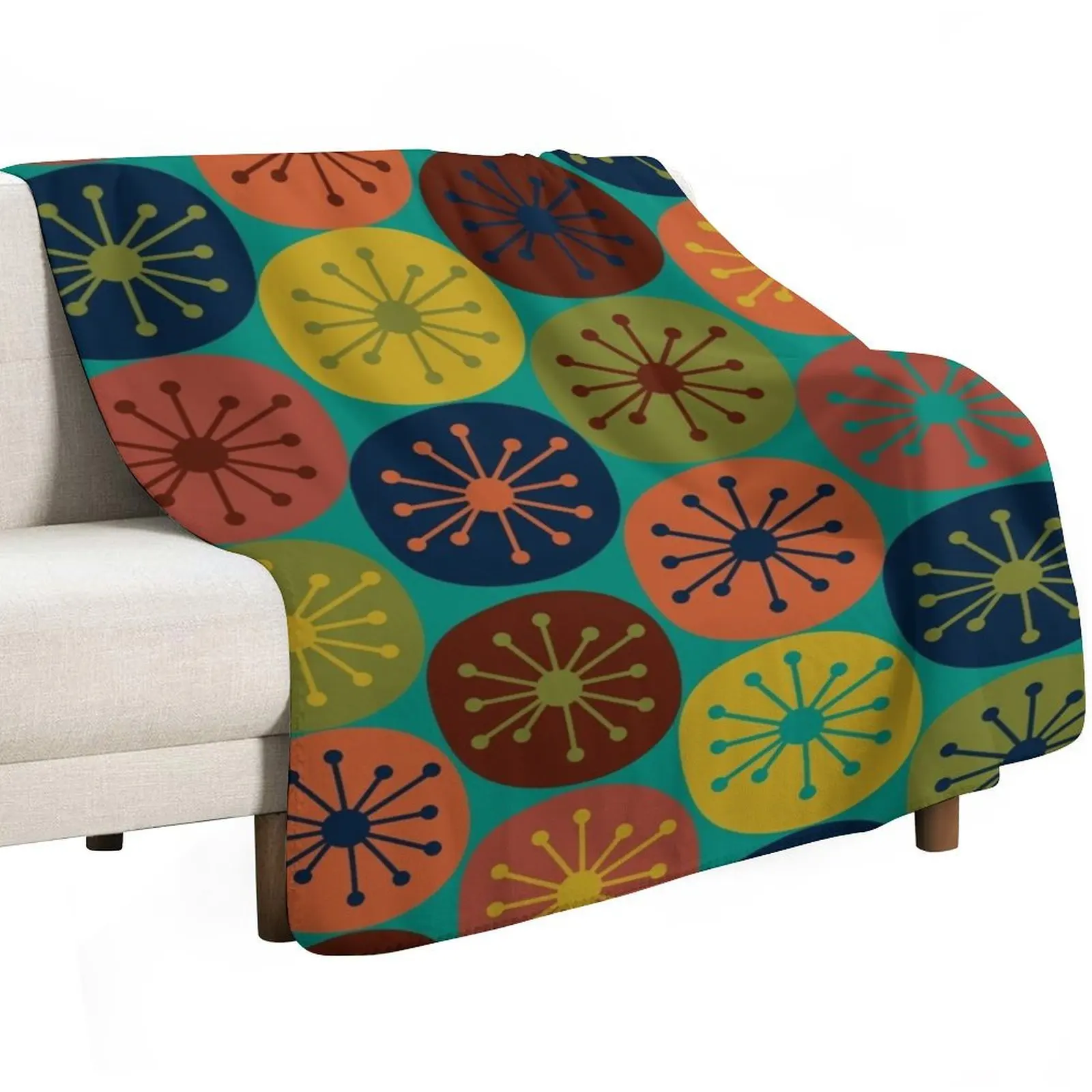 Фото Плед Atomic Retro Dots с узором в стиле Mid-Century Modern, в цветах Mid Mod Teal, оливково-зеленый, горчичный, оранжевый, синий, бирюзовый и тюркоазовый. №2
