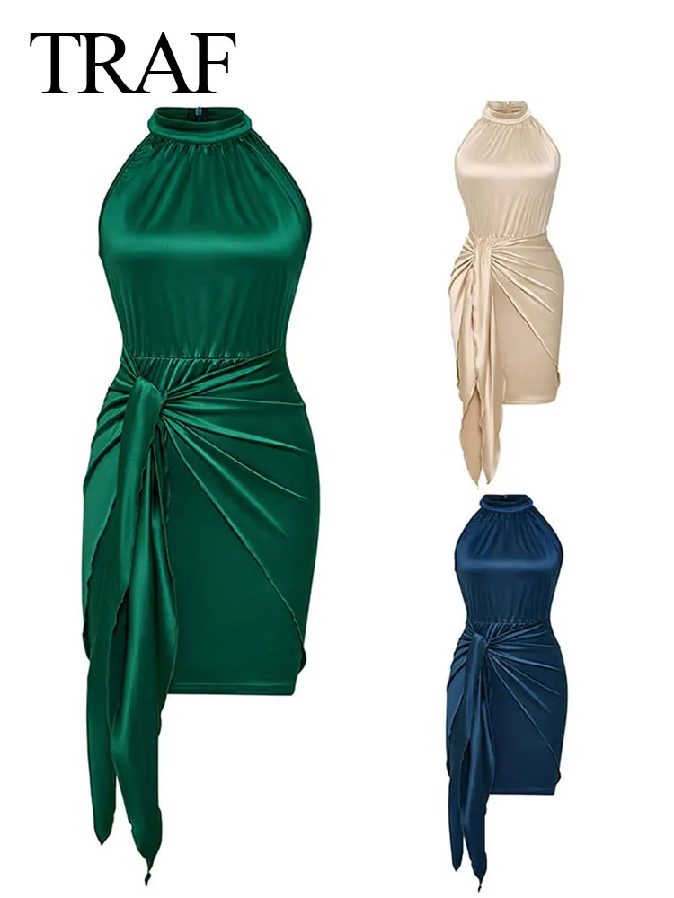 

TRAF 2023 Women's Solid Sexy Slim Wrap Sleeveless Dress Halterneck Back Zipper Belt Mini Draped Dresses Female Party Clubwear