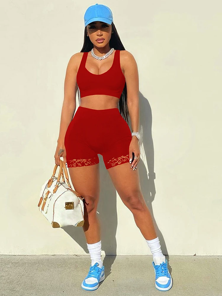 

Casual Two Piece Jogger Sets for Women Summer Red Scoop Neck Sleeveless Tank Crop Top and High Waist Lace Spliced Short Bottoms