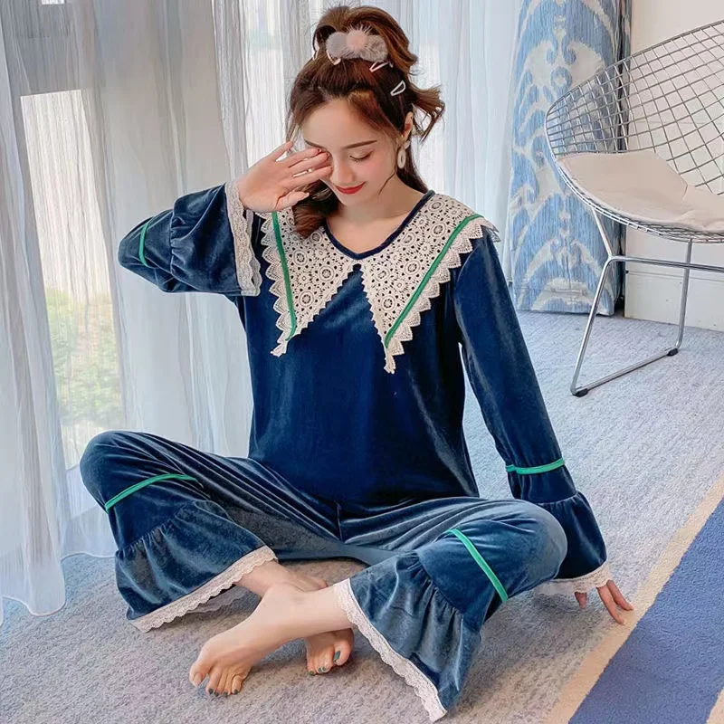 Autumn Winter Gold Velvet Pajamas Sets For Women V-Neck 2Pcs Pyjamas Long-Sleeved Home Clothes Elegant Sleepwear Homewear