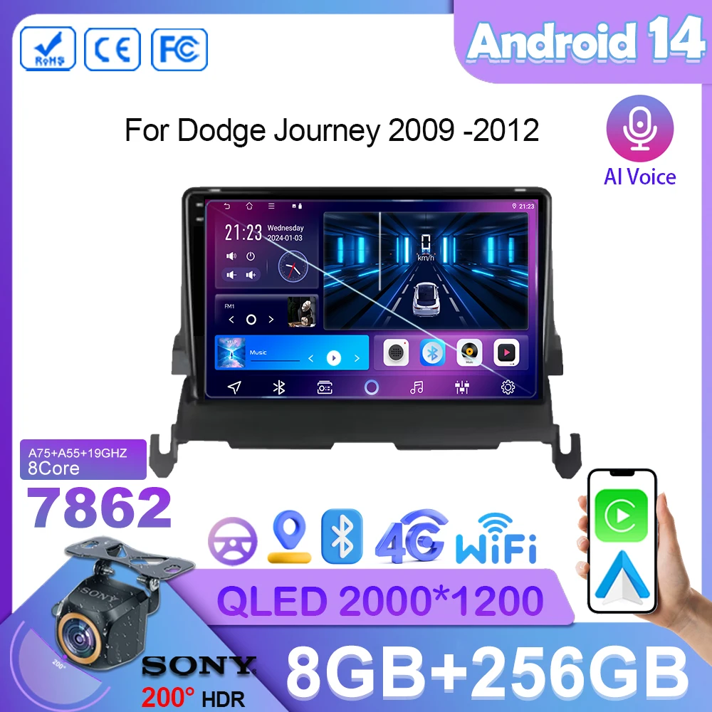 Автомобильный радиоприемник на Android 14 для Dodge Journey 2009 2010 2011 2012 мультимедийный