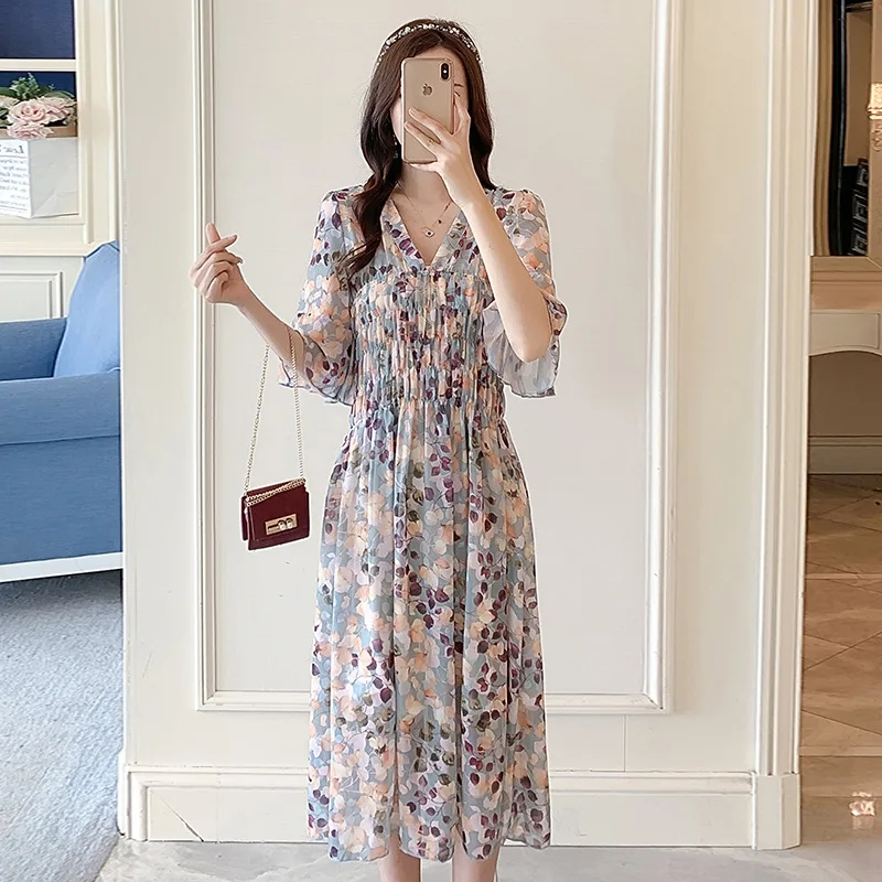 

Maternity Dress Chiffon Dress Summer Half Versatile Holiday Casual Dress V-Neck Soft Breathable Fashion Ruffle Maternity Gown