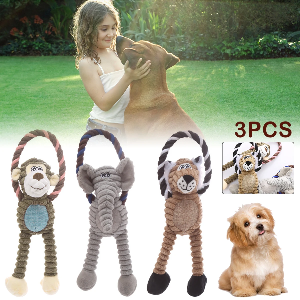 

3Pcs Pets Chew Toy Dog Squeaky Toys Pet Plush Toys Plush Dog Puppy Toys Cute Elephant Monkey and Tiger Training Plush Doll