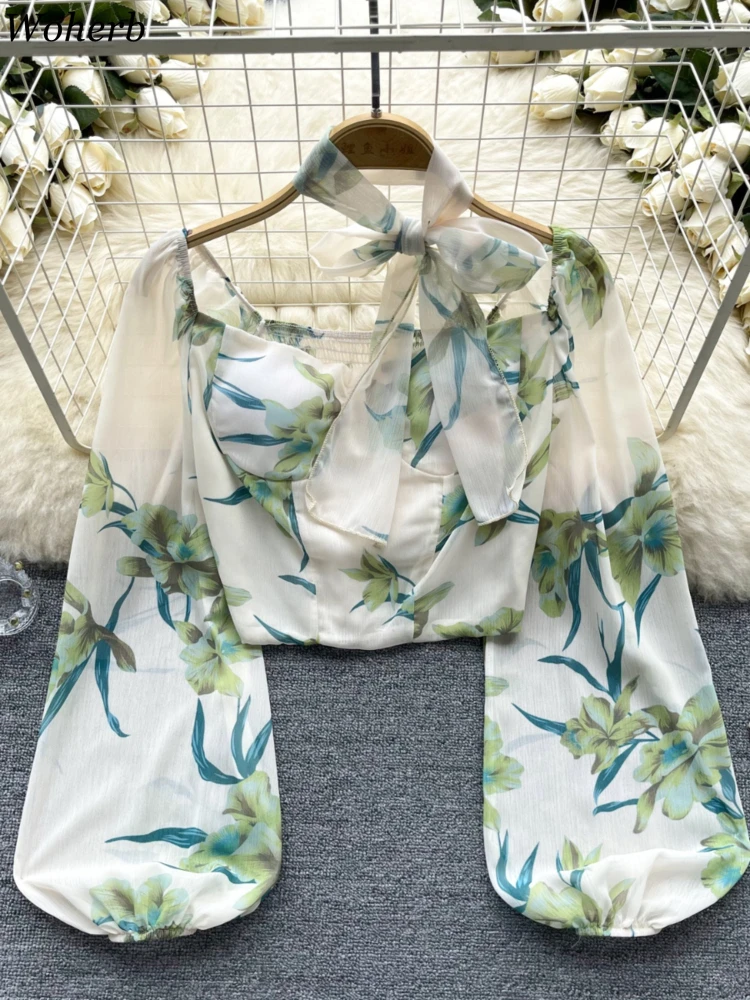 Женская винтажная шифоновая блузка милая Укороченная рубашка с квадратным