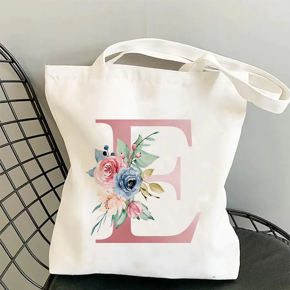 Flowers Alphabet A-Z Cotton Bags Custom Name Shopping Bag Canvas Girls Trip Bridal Wedding Party Giveaway Personalized Tote