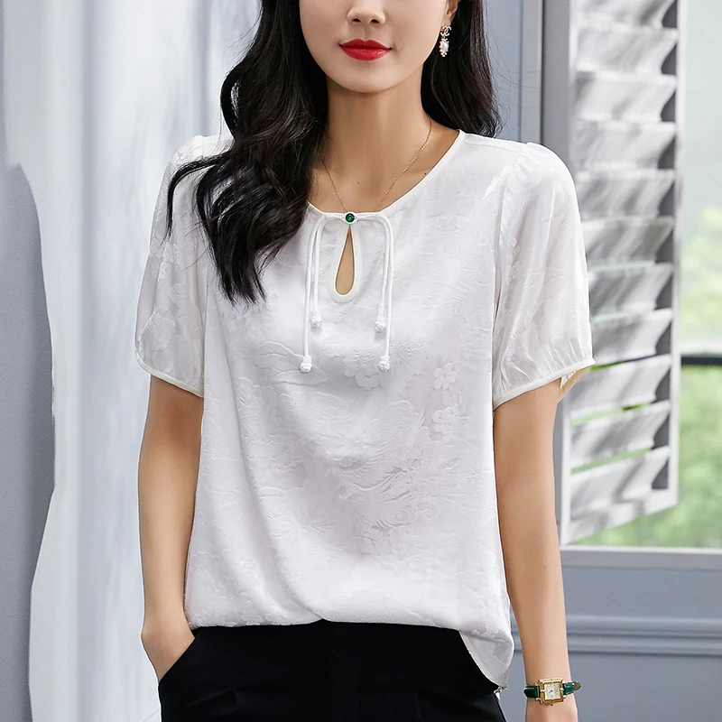 Chinese Style Women's White Shirt Summer Elegant O-neck Short Sleeve Woman Shirts Blouses 100% Real Silk Female Floral Blouse