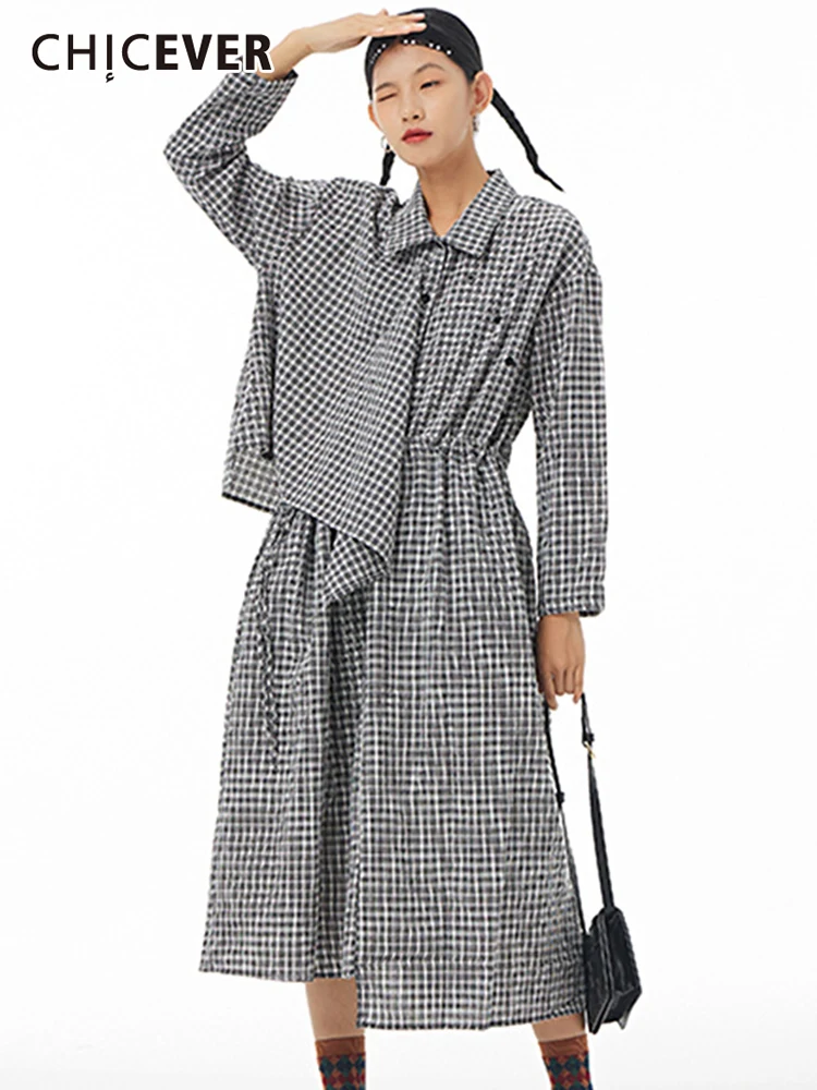 

CHICEVER корейское платье в клетку для женщин с отворотом и длинным рукавом в стиле пэчворк асимметричное свободное платье миди женская одежда ...