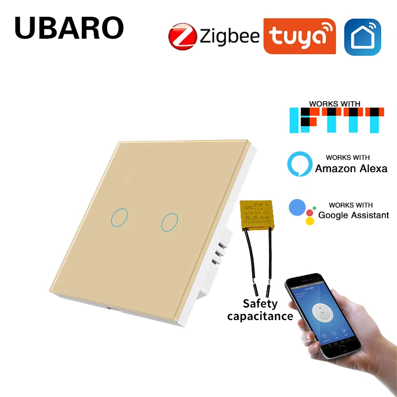 Фото UBARO Tuya умный дом WIFI настенный выключатель света 2Gang работает с Google Assistant Amazon Alexa Yandex Alice датчик голосового управления №4