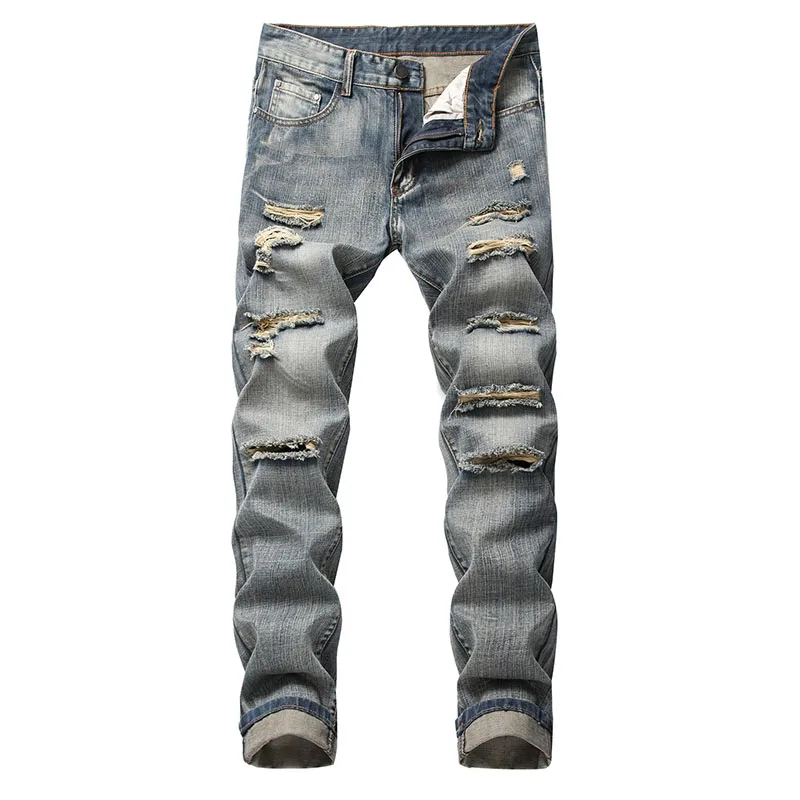 

2020 Autumn Spring Men's Ripped Streetwear Destroyed Hip hop Bike Jeans Trendy Holes Straight Pants Homme Denim Trouers
