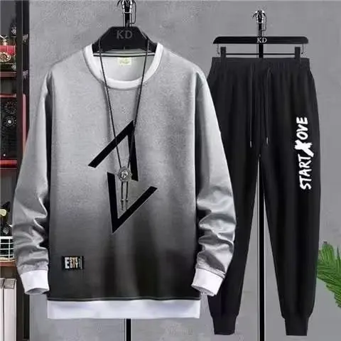 Spring Autumn Men Tracksuit Hip Hop Long sleeve Print T Shirts+Solid Color Jogger Casual Pants Fashion 2Pieces Set Men Clothing
