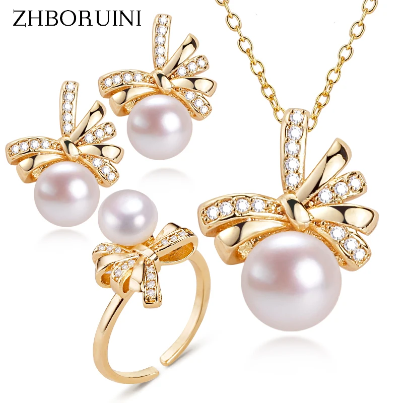 ZHBORUINI New Bow Pearl Jewelry Sets 14k Gold Plated 100% Real Natural Freshwater Pearl Necklace Earrings Ring For Women Gift