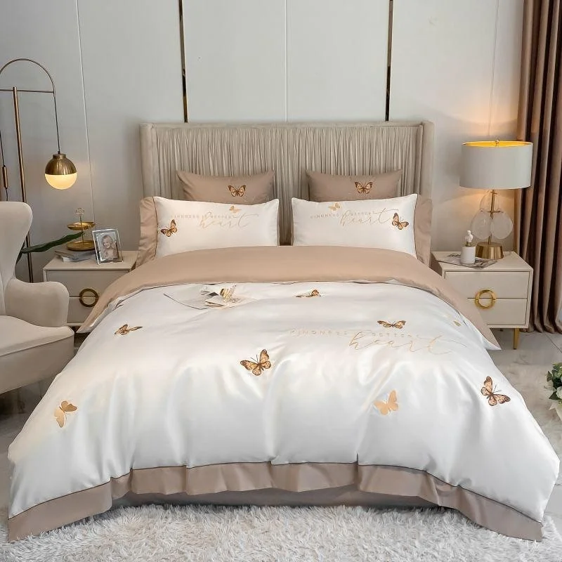 

Chic Embroidery Butterfly Duvet Cover White Gray Spring Insects Animal Satin Cotton 4Pcs Soft Bedding Set Bed Sheet 2Pillowcase