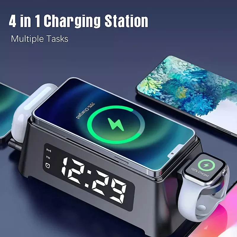 

Multifunctional Fast Wireless Charger Led Digital Clock Portable Earphone Smart Watch Charging Station Wireless Charger H-best
