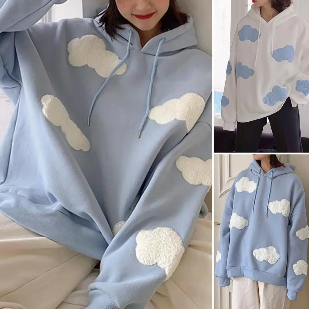

Women Autumn Hoodie Loose Hooded Long Sleeves Cloud Print Cartoon Keep Warm Drawstring Loose Plush Lady Winter Hoodie Daily Clot