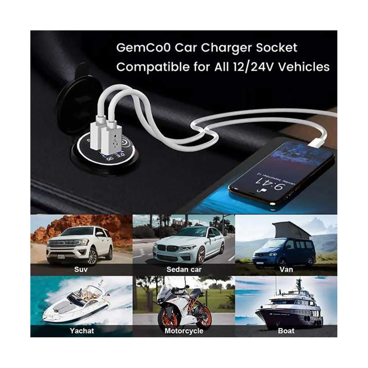 

2Set Quick Charge 3.0Dual USB Car Charger 12V 36W USB Fast Charger with Switch for Boat Motorcycle Truck Golf Cart Green