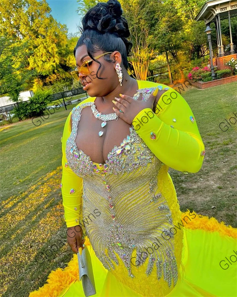 Yellow O Neck Long Prom Dress For Black Girls 2022 Beaded Crystal Celebrity Dresses Feathers Birthday Party Gowns Mermaid Formal