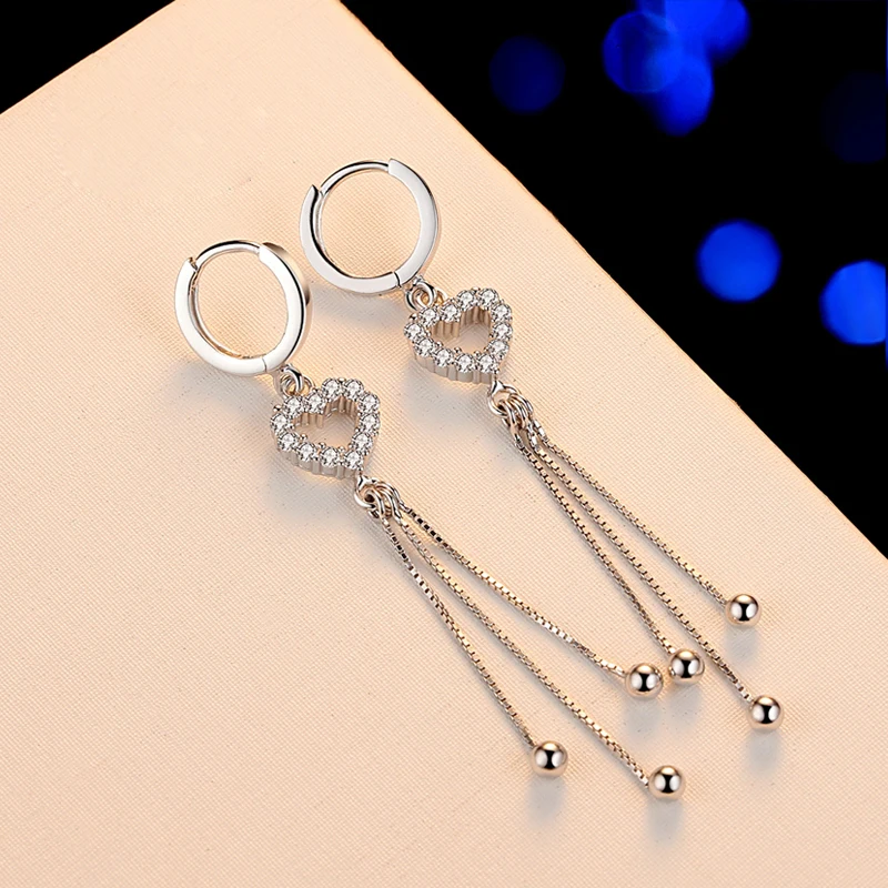 

Temperament 925 Sterling Silver Long Tassel Heart Drop Earrings for Women Wedding Party Jewelry Cubic Zircon Chain Earring